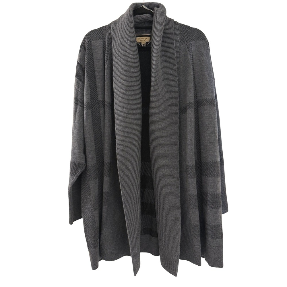 Burberry London Grey Merino Wool Silk Blend Tonal Check Shawl Cardigan Large